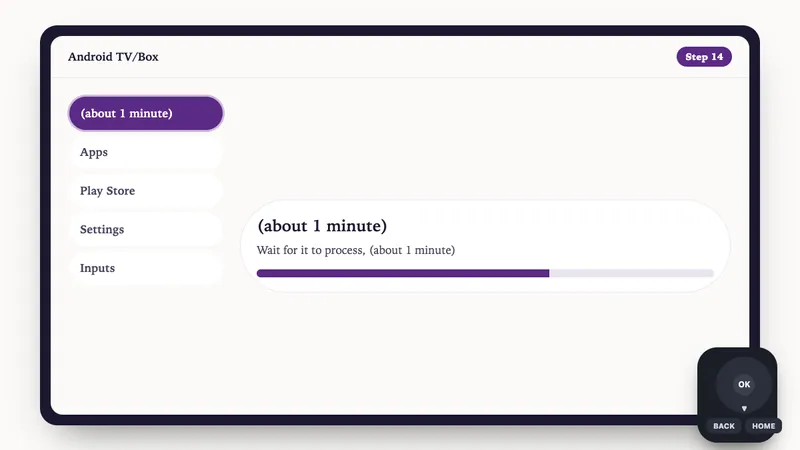 Illustration: Android TV/Box setup, step 14: Wait for it to process, (about 1 minute)