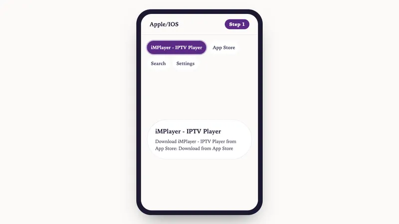 Illustration: Apple/IOS setup, step 1: Download iMPlayer - IPTV Player from App Store: Download from App Store