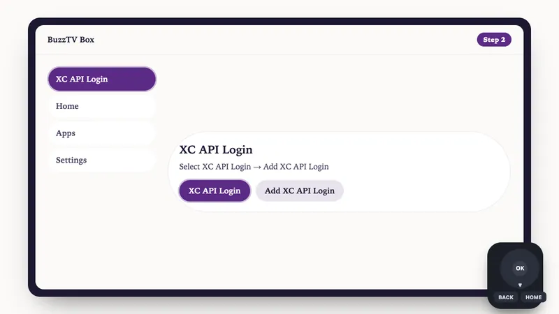 Illustration: BuzzTV Box setup, step 2: Select XC API Login → Add XC API Login