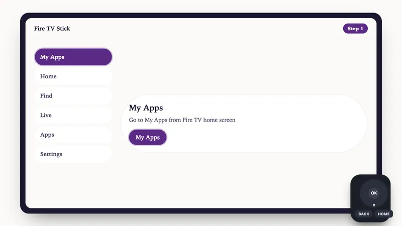 Illustration: Fire TV Stick setup, step 1: Go to My Apps from Fire TV home screen