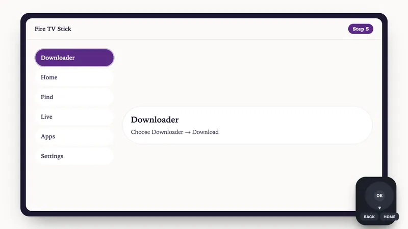 Illustration: Fire TV Stick setup, step 5: Choose Downloader → Download