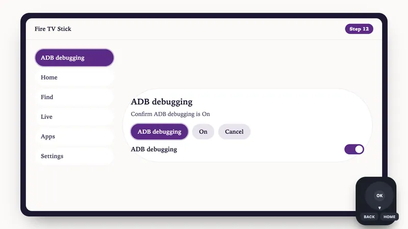 Illustration: Fire TV Stick setup, step 12: Confirm ADB debugging is On
