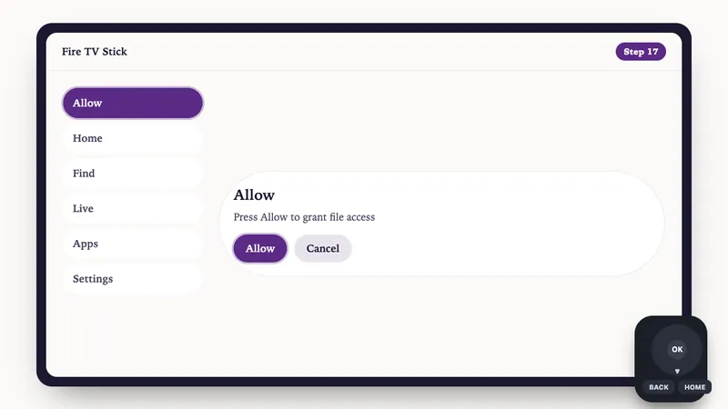 Illustration: Fire TV Stick setup, step 17: Press Allow to grant file access