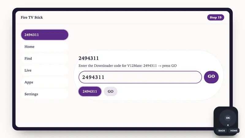 Illustration: Fire TV Stick setup, step 19: Enter the Downloader code for V12Mate: 2494311 → press GO