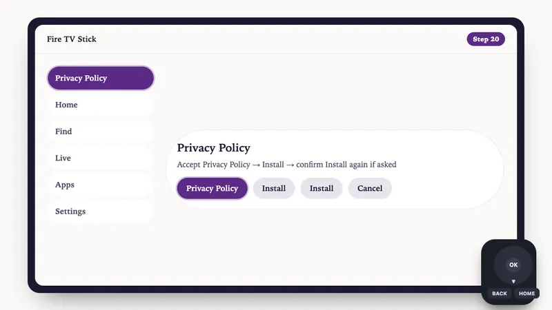 Illustration: Fire TV Stick setup, step 20: Accept Privacy Policy → Install → confirm Install again if asked
