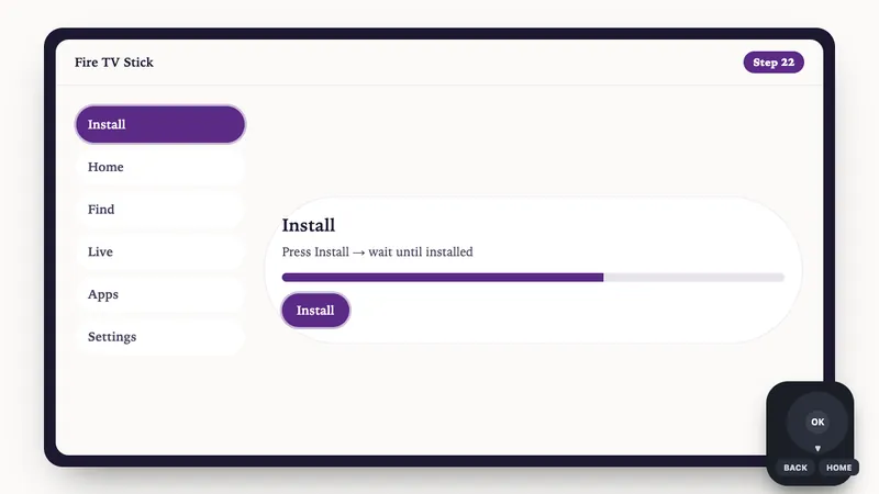 Illustration: Fire TV Stick setup, step 22: Press Install → wait until installed