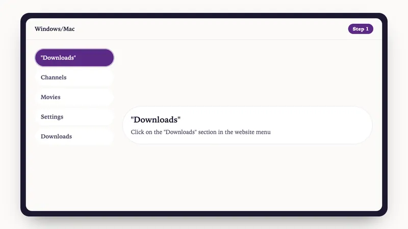 Illustration: Windows/Mac setup, step 1: Click on the "Downloads" section in the website menu