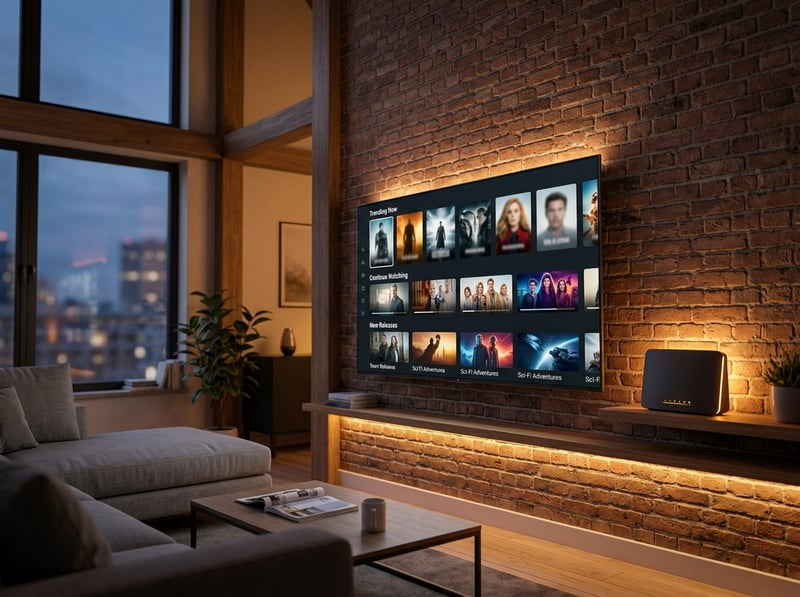 A flat screen TV with a large selection of movies and shows on it.