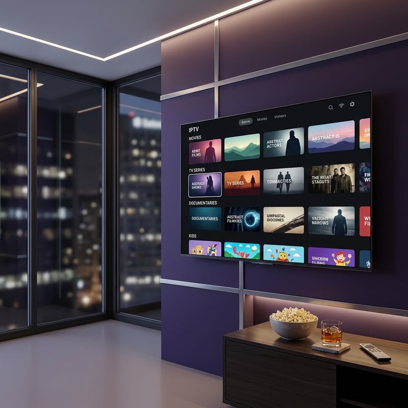 A large flat screen TV with a purple frame and a bowl of popcorn on a table in front of it.