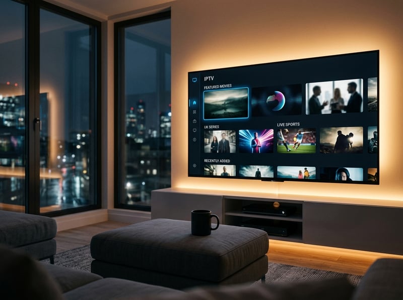 A flat screen TV with a menu of IPTV options.