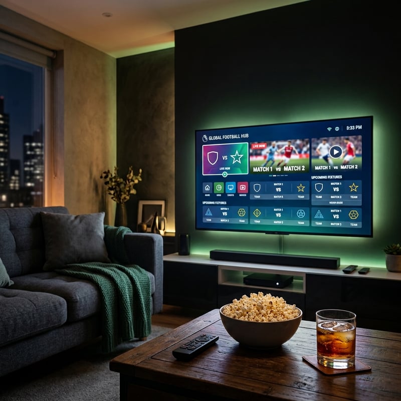 A large flat screen TV displaying a sports game on a dark wall.
