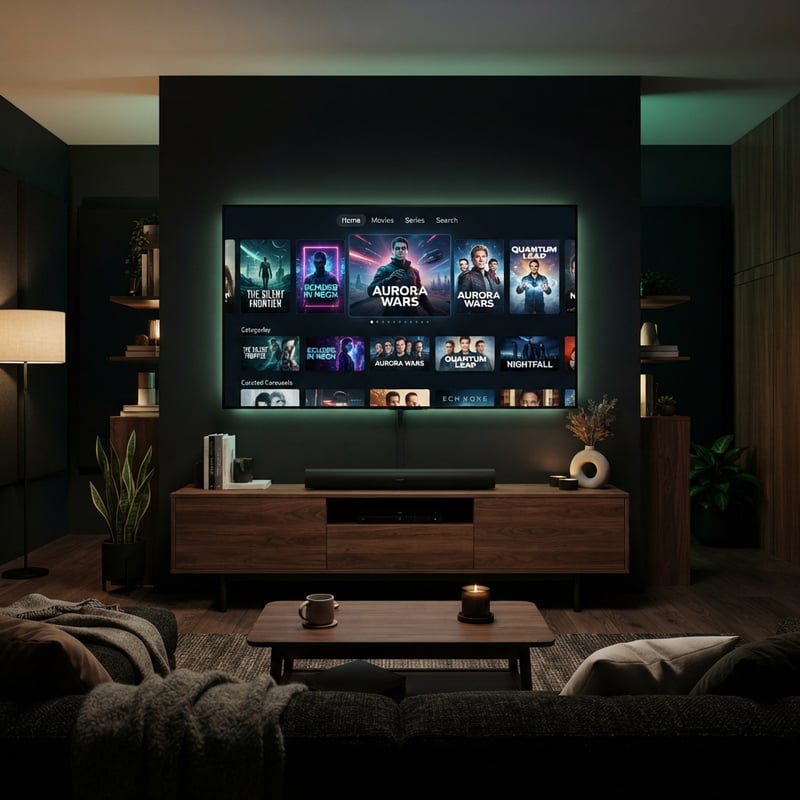A large flat screen TV with a black frame and a remote control sitting on a wooden stand.