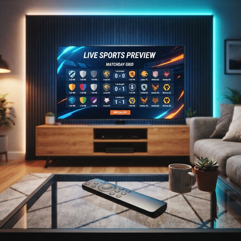 A flat screen TV displaying a sports match on a live sports preview.