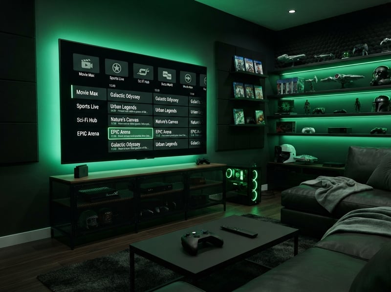 A large screen TV with a green glow is mounted on a wall in a dark room with a couch and a shelf full of movies and games.