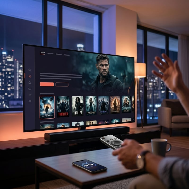 A man is sitting in front of a flat screen TV that is playing IPTV.