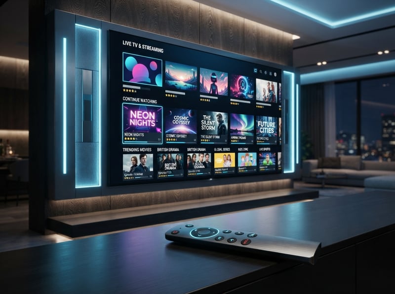 A large flat screen TV with a remote control on a table.