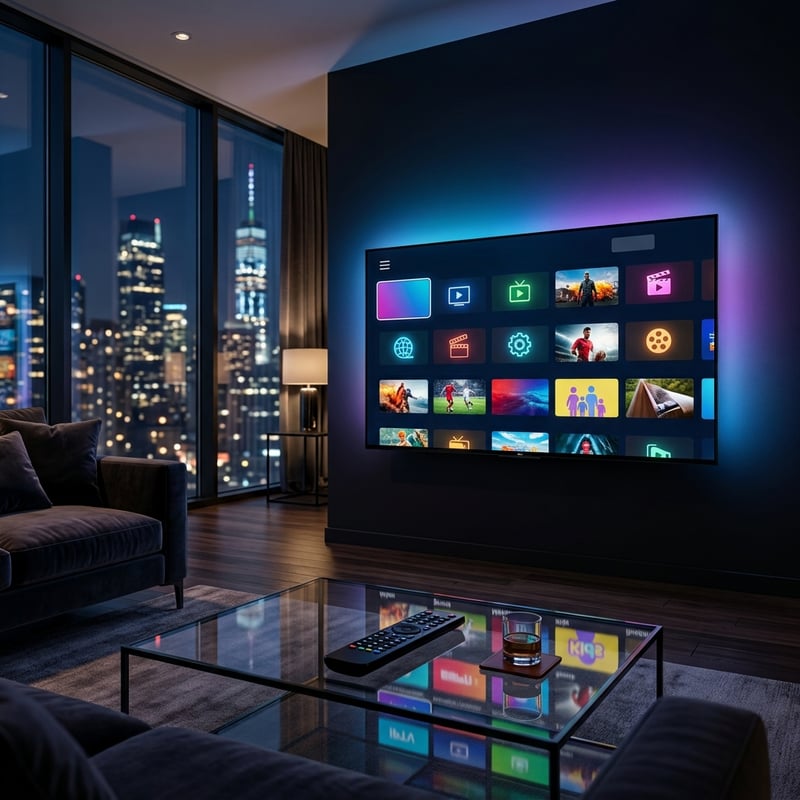 A large flat screen TV in a living room with a city skyline in the background.