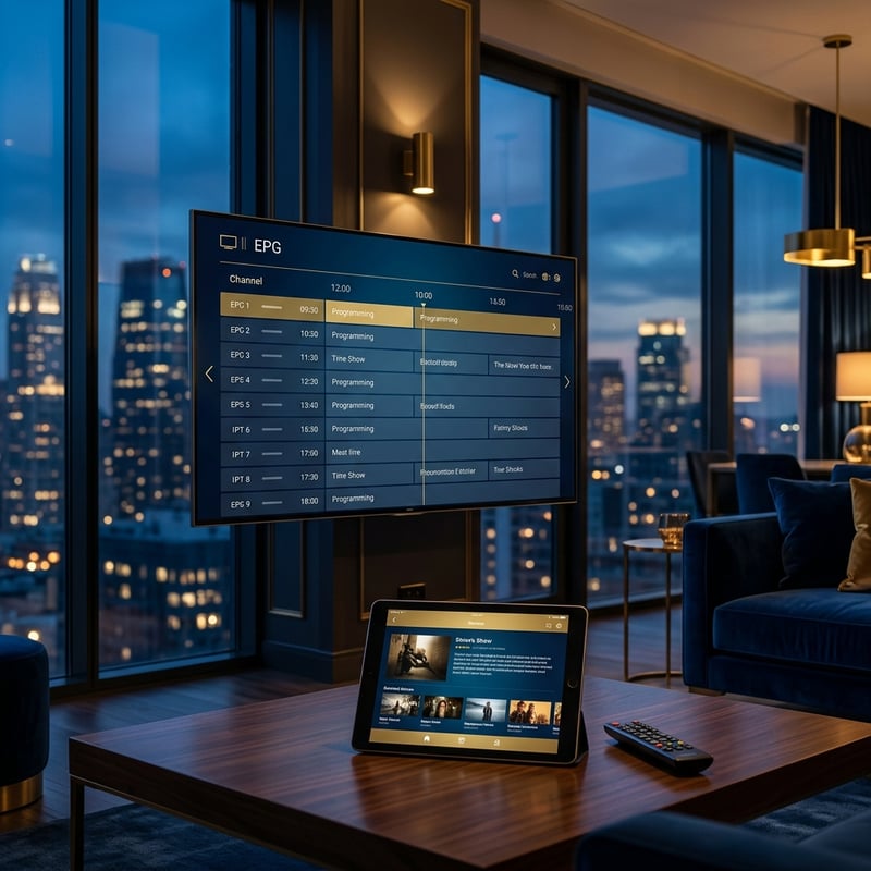A large flat screen TV displaying the IPTV menu.