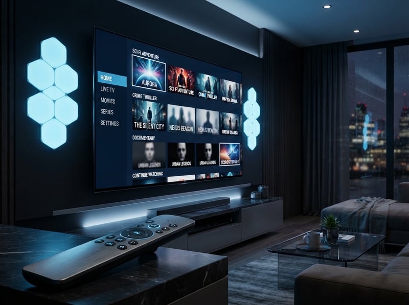A large flat screen TV displaying a menu of movies and shows.