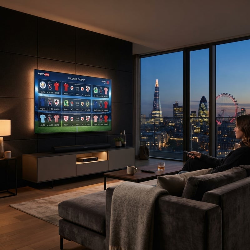 A woman sits on a couch in front of a flat screen TV that is displaying a soccer game.
