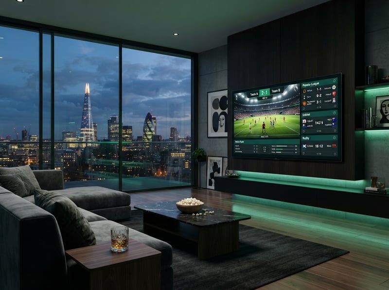 A living room with a flat screen TV and a city view.