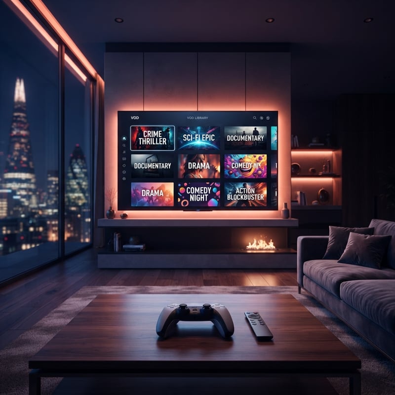A large flat screen TV with a remote control on a table in front of it.