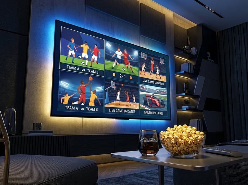 A large flat screen TV with multiple sports games displayed on it.