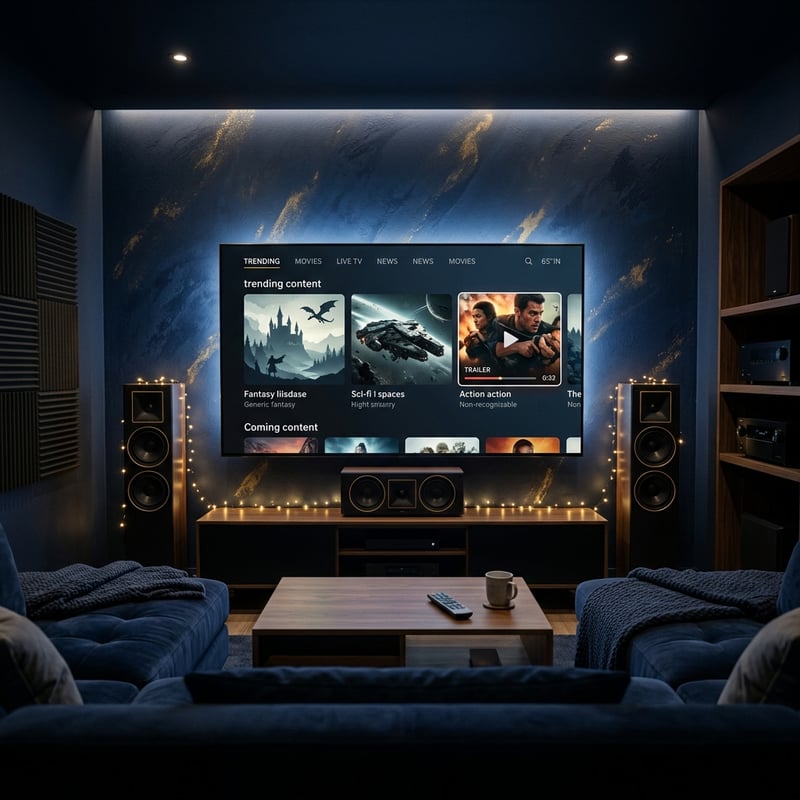 A large flat screen TV with a blue background and a man on it.