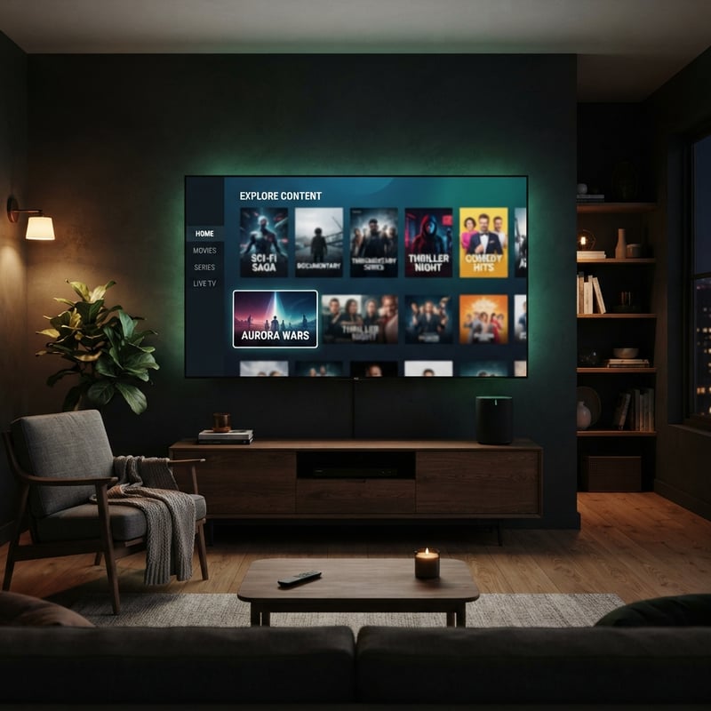 A large flat screen TV with a black frame and a remote control sitting on a table in front of it.