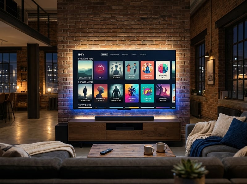 A large flat screen TV with IPTV on the screen.