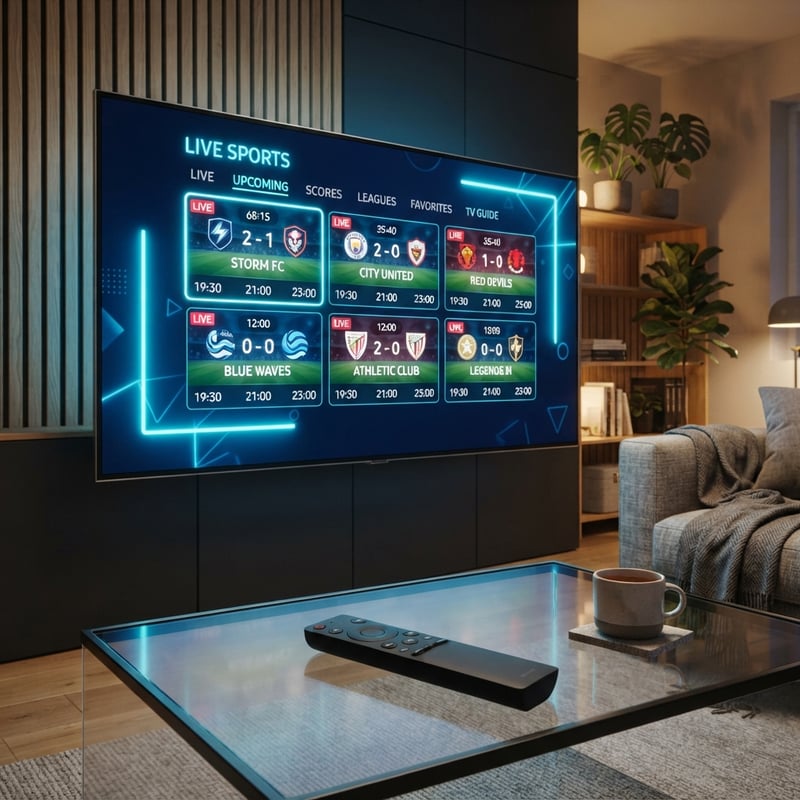 A flat screen TV displaying a sports channel with a remote control on a table.
