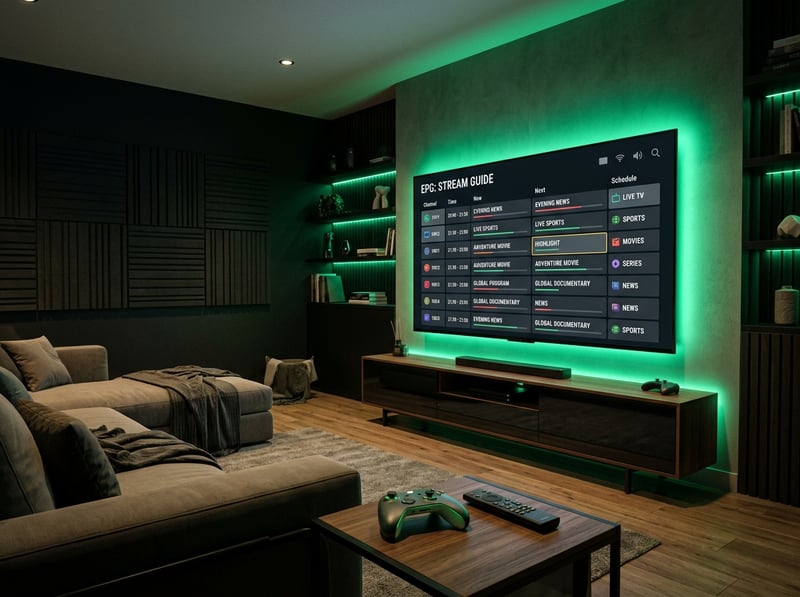A large flat screen TV with a green glow is mounted on the wall in a living room.