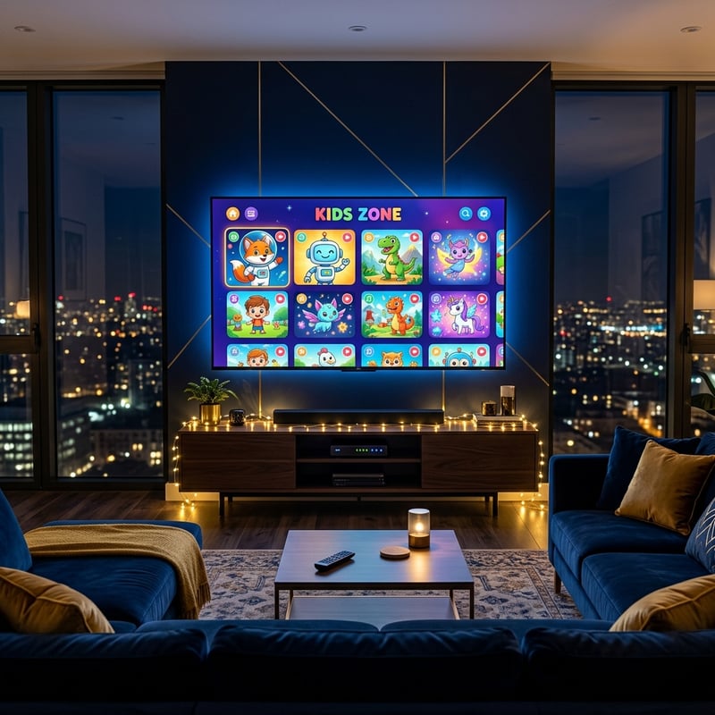 A large flat screen TV with a kids zone on it.