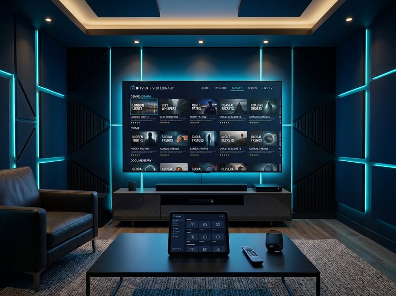 A large flat screen TV with a blue background displaying the IPTV Vision Library.