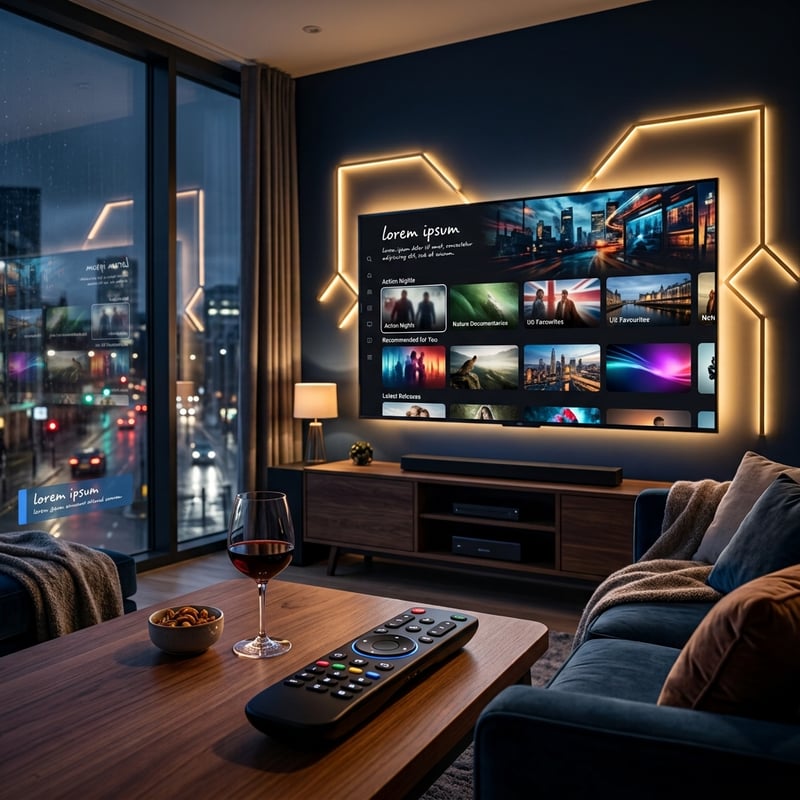 A large flat screen TV with a remote control and a wine glass on a table.