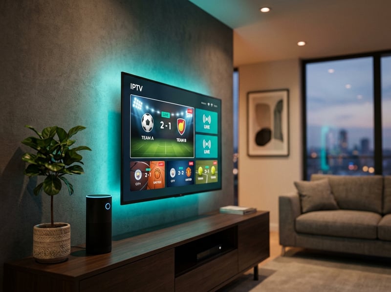 A flat screen TV displaying a soccer game on IPTV.