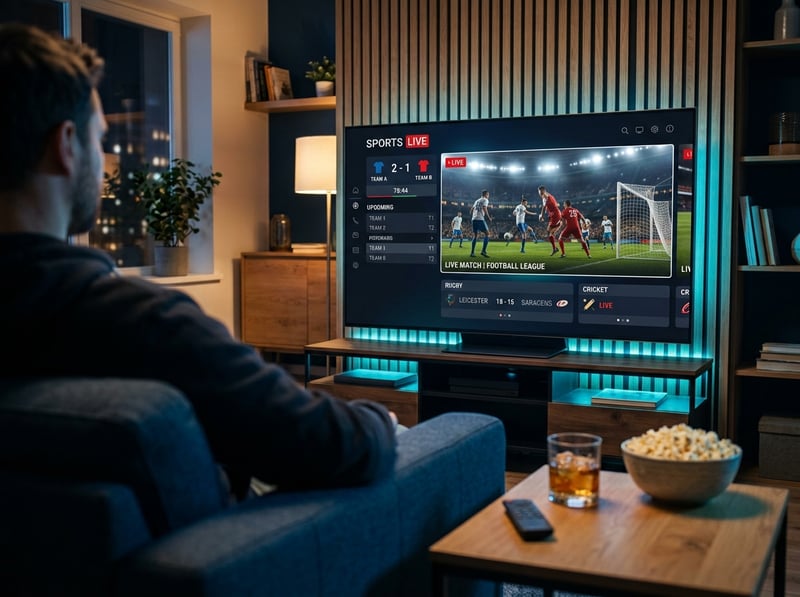 A man is watching a sports game on a large flat screen TV.