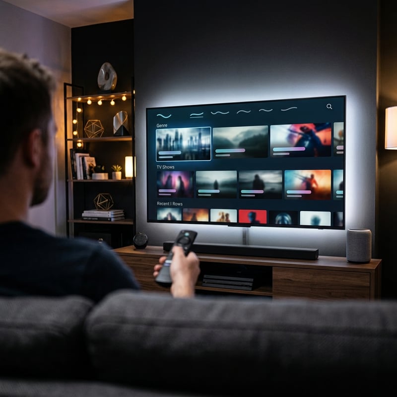 A man sitting on a couch watching a flat screen TV with a remote control.