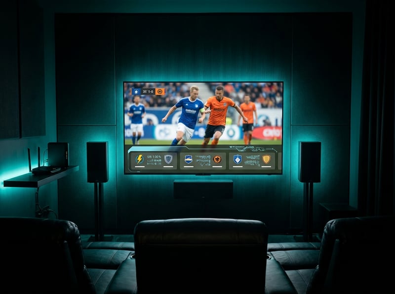 A large flat screen TV displaying a soccer game with the words 