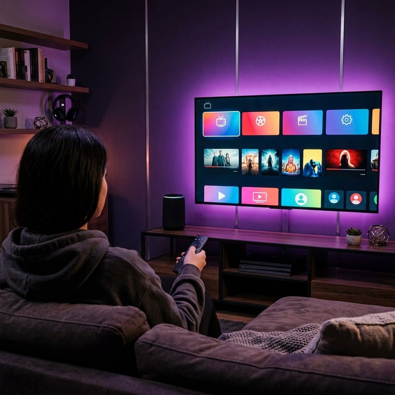 A woman sitting on a couch in front of a large flat screen TV.