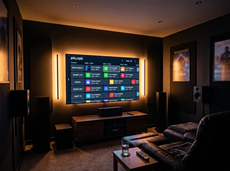 A large flat screen TV with a menu of IPTV channels.