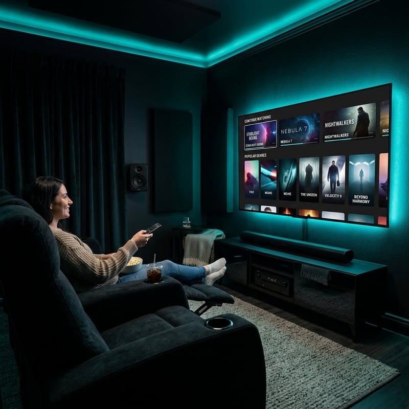 A woman in a living room watching a large screen TV with a remote control.