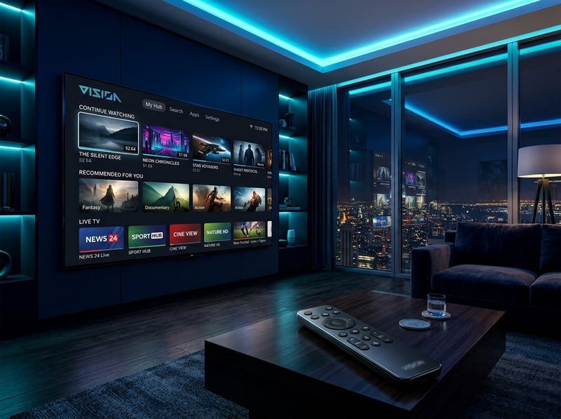 A large flat screen TV with a remote control on a table in front of it.