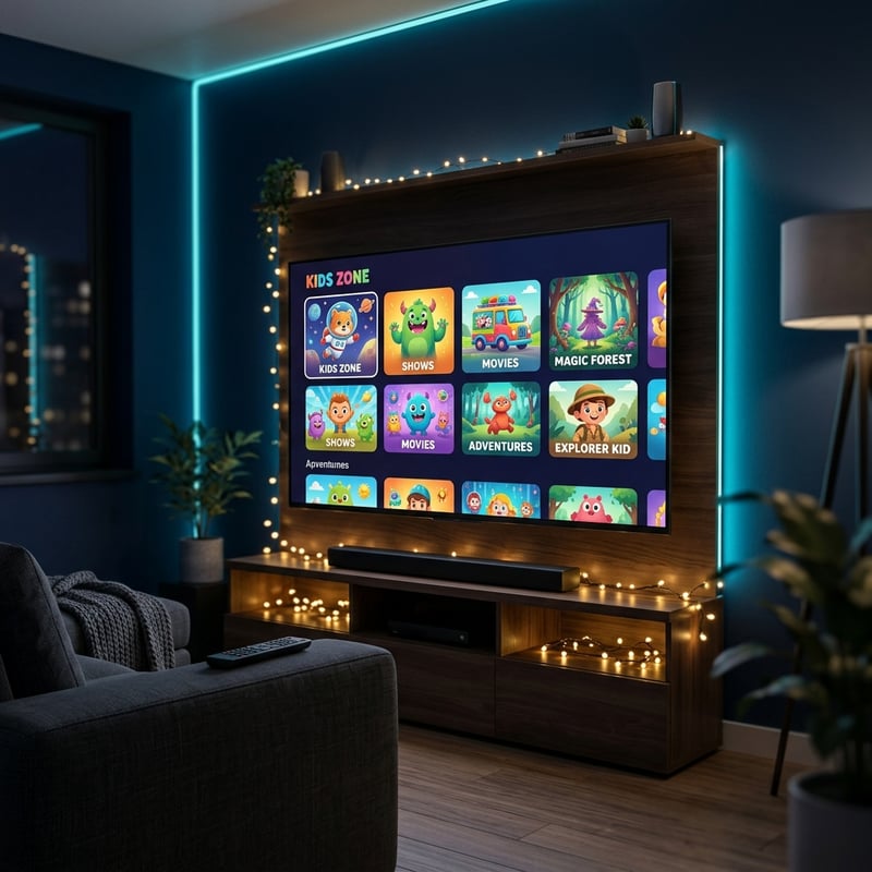 A large flat screen TV with a blue frame and a collection of cartoons displayed on it.