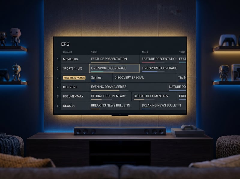 A flat screen TV with the IPTV menu on the screen.