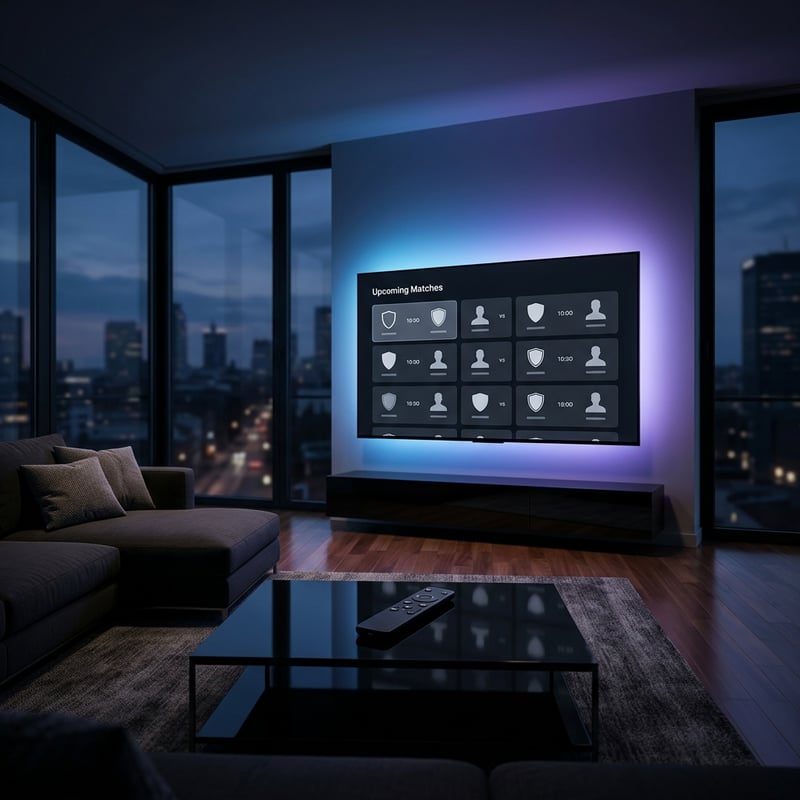 A large flat screen TV with a black frame and blue lighting.