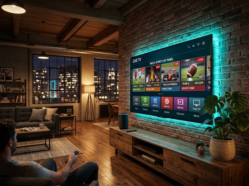 A man is sitting in front of a large flat screen TV that is displaying a menu of IPTV channels.