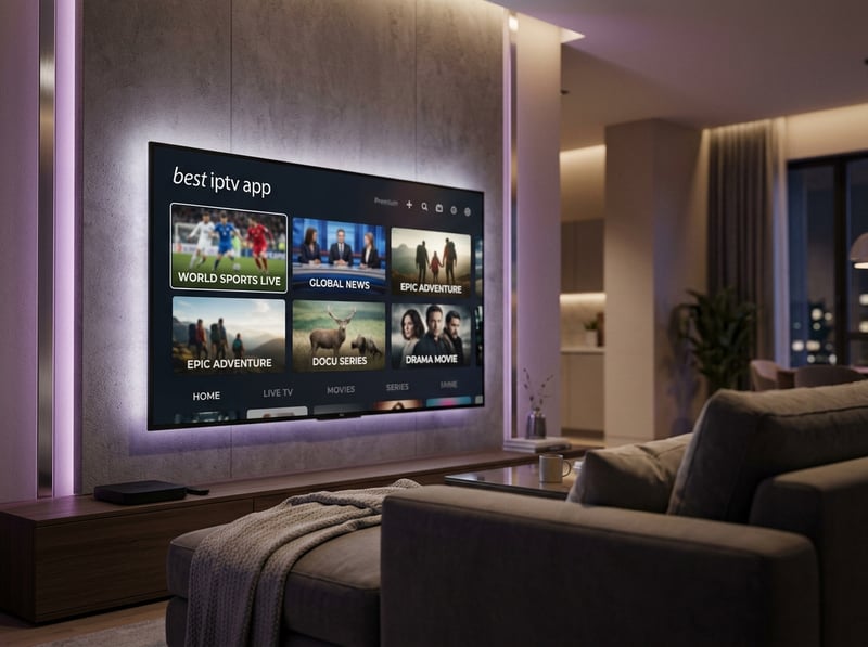 A large flat screen TV displaying a variety of IPTV apps.