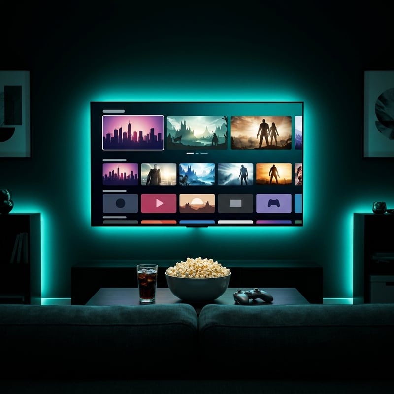 A large flat screen TV with a bowl of popcorn in front of it.