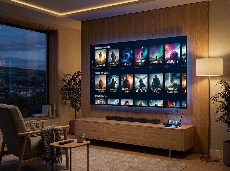A large flat screen TV with a menu of movies and shows on it.